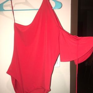 new red one shoulder bodysuit